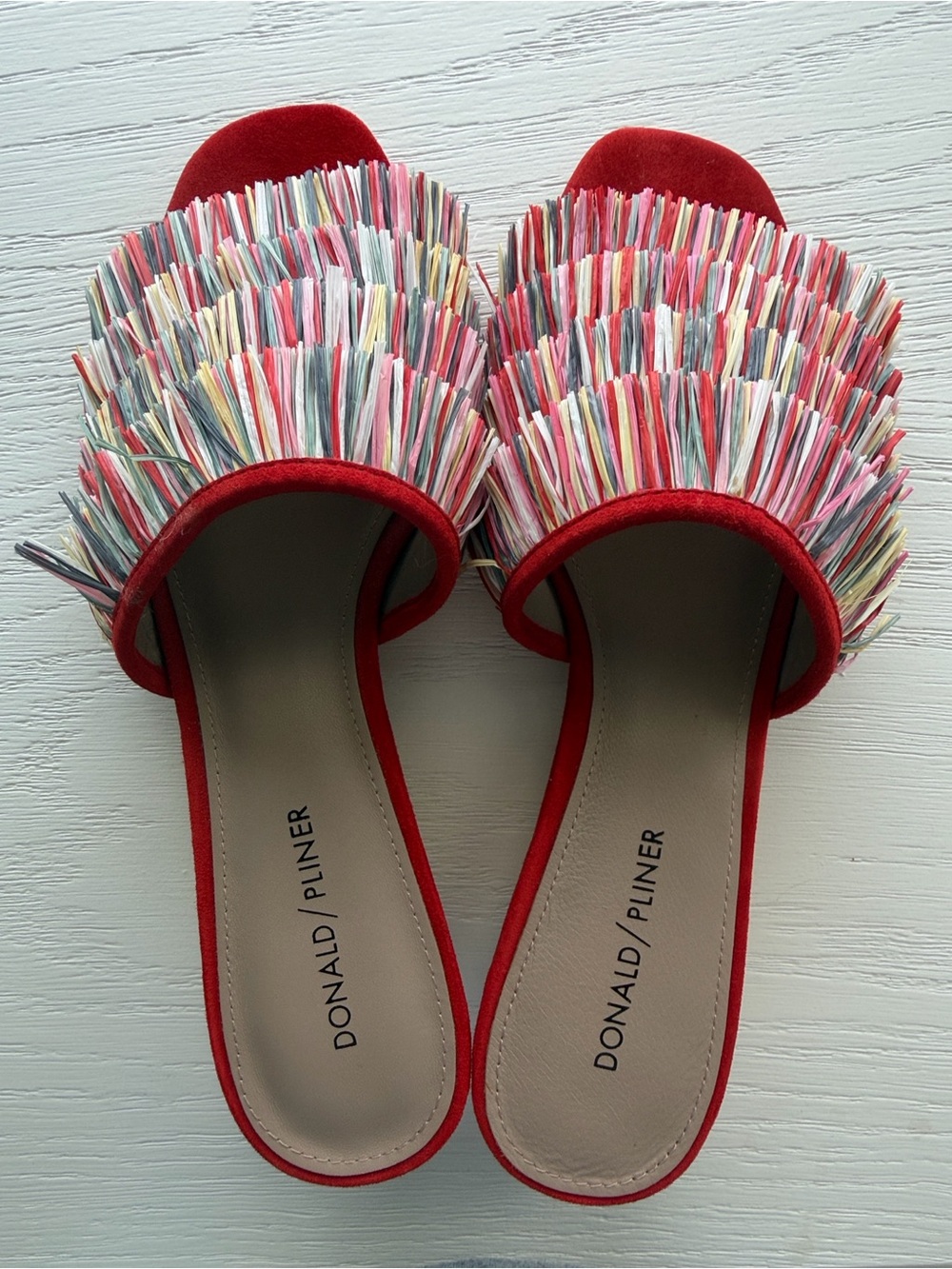 Donald J. Pliner Red Slide Sandals with Multicolor Fringe